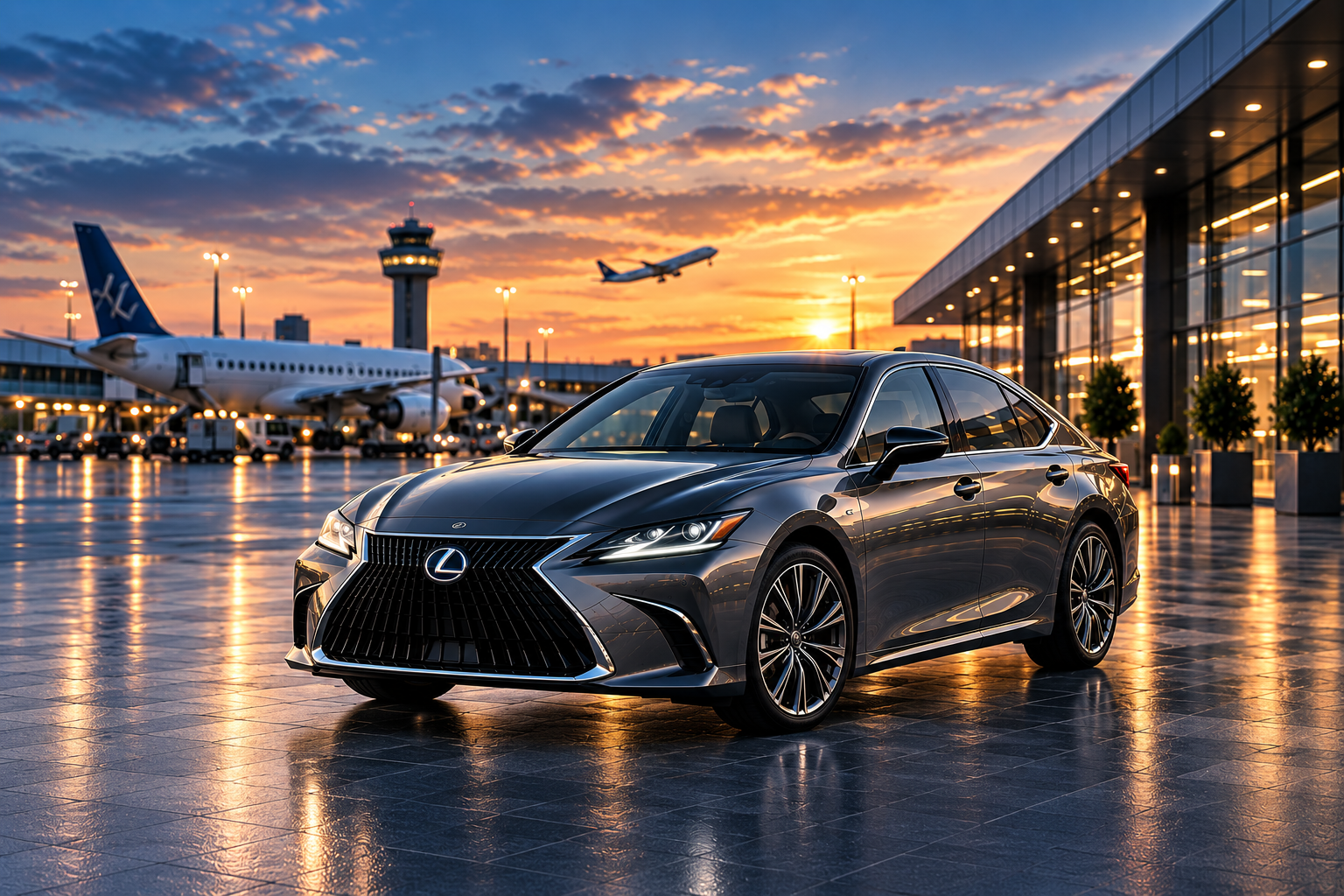 XLANE Lexus ES 300h arriving at the airport at dusk